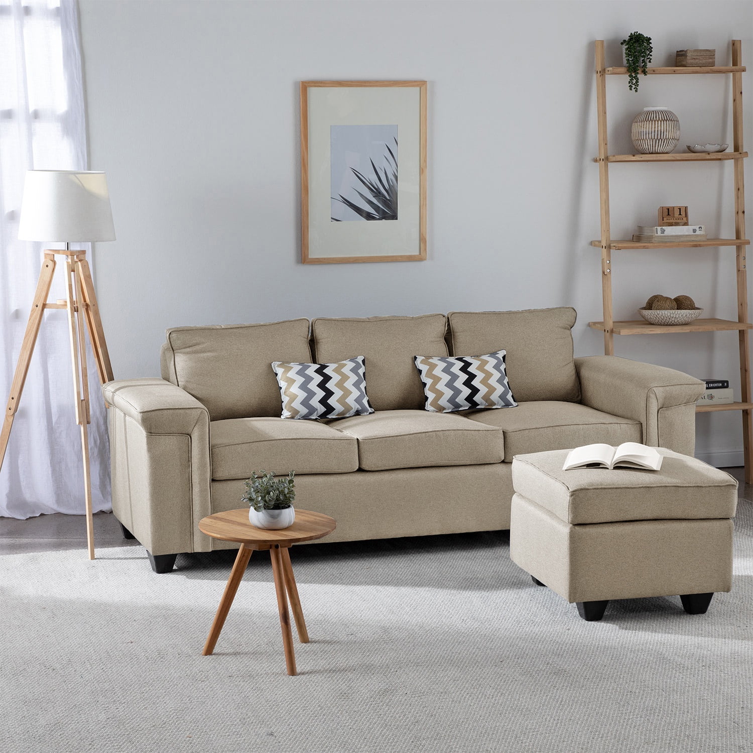 Muebles Cottoni - Sofá 3 Cuerpos Sicilia + 1 Pouf Tela Beige