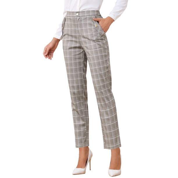 INSPIRE CHIC Pantalones de Tartán a Cuadros para Mujer de Regreso a Clases, Cintura Alta Elástica, Pantalones Largos Rectos L Color Canela