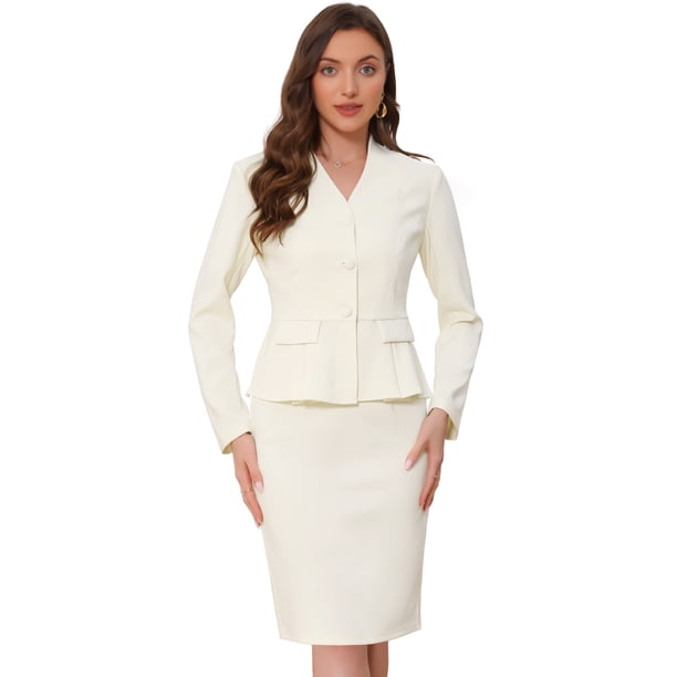 INSPIRE CHIC Traje de Mujer Conjunto de Regreso a Clases para Maestras Conjuntos de Negocios Blazer Sin Cuello con Peplum Traje Formal de Falda Lápiz Conjunto de 2 Piezas XL Blanco Crema