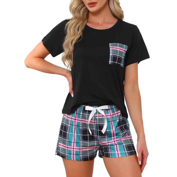 INSPIRE CHIC Conjunto de Pijama de Mujer a Cuadros, Mezcla de Algodón Suave, Camiseta de Manga Corta y Pantalones Cortos con Bolsillos para Primavera Verano XL Rosa-Negro