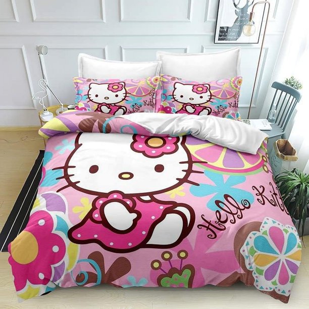 The Anime Printed Hello Duvet Quilt Cover Kitty Bedding Sets 1 Bed Cover and 2 Pillowcases for Kids Teenagers Adult