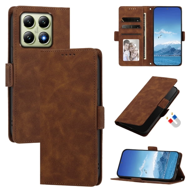 Funda Billetera Delgada para Xiaomi 14T con Ranuras y Soporte Marrón