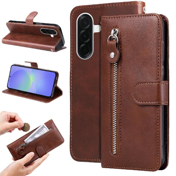 Funda tipo cartera para Samsung Galaxy A37 con bolsillo con cremallera y ranuras para tarjetas – Función de soporte Marrón