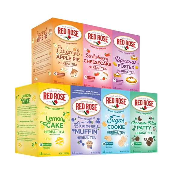 Pack Variado de Tés Dulces Tentaciones Red Rose, Sin Azúcar, Sin Calorías, Té Herbal Saborizado Sin Cafeína 7 Paquetes (126 Bolsitas) Set de Regalo de Bebidas Deliciosas con Sabor Natural a Frutas