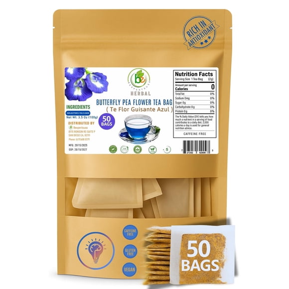 50 bolsitas de té en polvo de flor de guisante y mariposa de Tea BExpertUSA