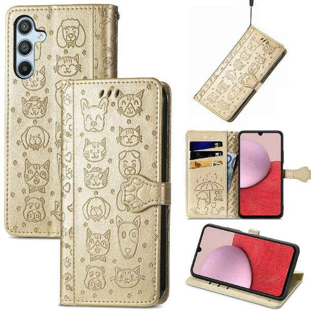 Funda Cartera FOXDOCK para Samsung Galaxy A14 , Flip PU con Relieve de Gatos y Perros, Tarjetero y Soporte
