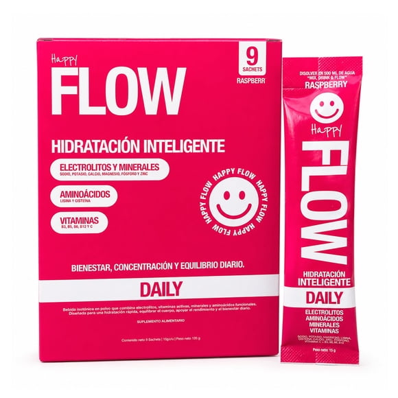 Pack Hidratación Inteligente Happy Flow Daily Sabor Frambuesa 9 unidades