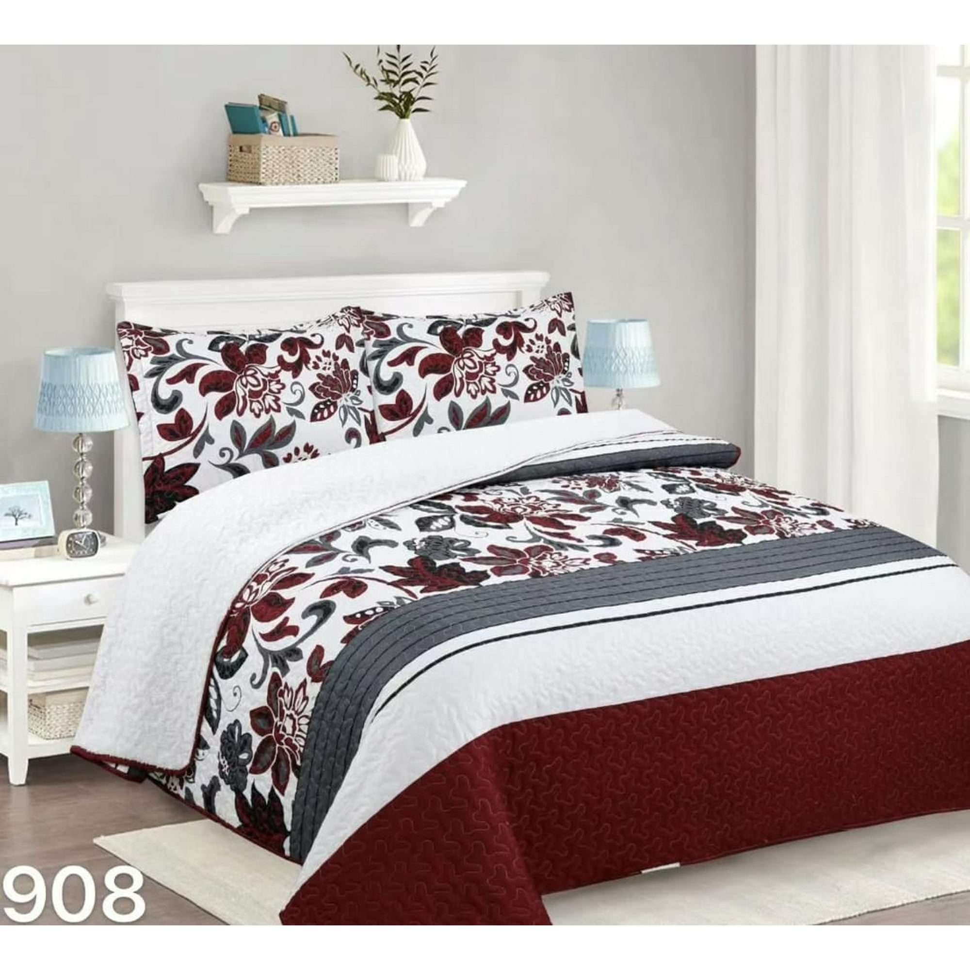 Genérico - Cubrecama Quilt Sherpa King - Burdeo Hojas M908