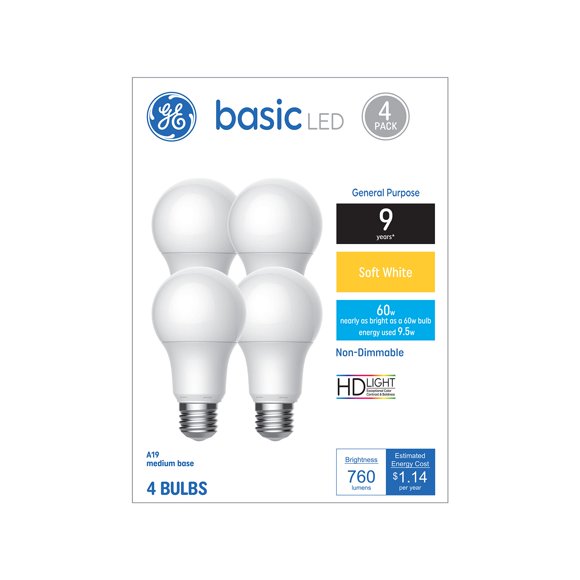 Bombillas GE Basic LED A19 de 60 W, color blanco suave (paquete de 4)