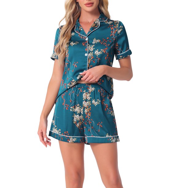 INSPIRE CHIC Conjunto de pijama de mujer con estampado de manga corta, suave, con botones y cuello con muesca, conjunto de pantalones cortos para dormir para primavera y verano, grande, azul brillante