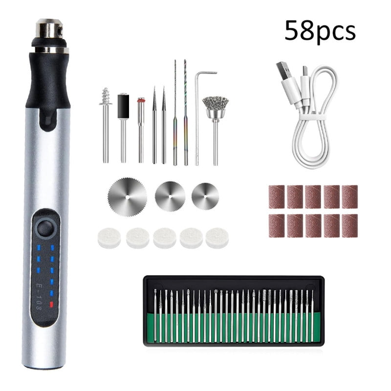 Jenabom - Juego De Bolígrafo Para Tallar En Miniatura De Mano, Que Incluye 58 Accesorios, Herramienta Giratoria Inalámbrica Multifuncional Recargable Por Usb, Adecuada Para Tallar Joyas, Vidrio Y Madera.