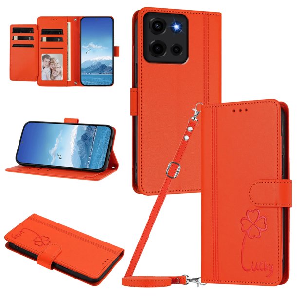Funda Cartera Trébol para Motorola Moto G 2026 5G con Ranuras Tarjetas y Carga Inalámbrica Naranja