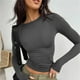 thumbnail image 3 of Camiseta básica de cuello redondo para mujer, informal, de manga larga, ajustada, de color puro, elástica, gris oscuro, talla M, 3 of 7