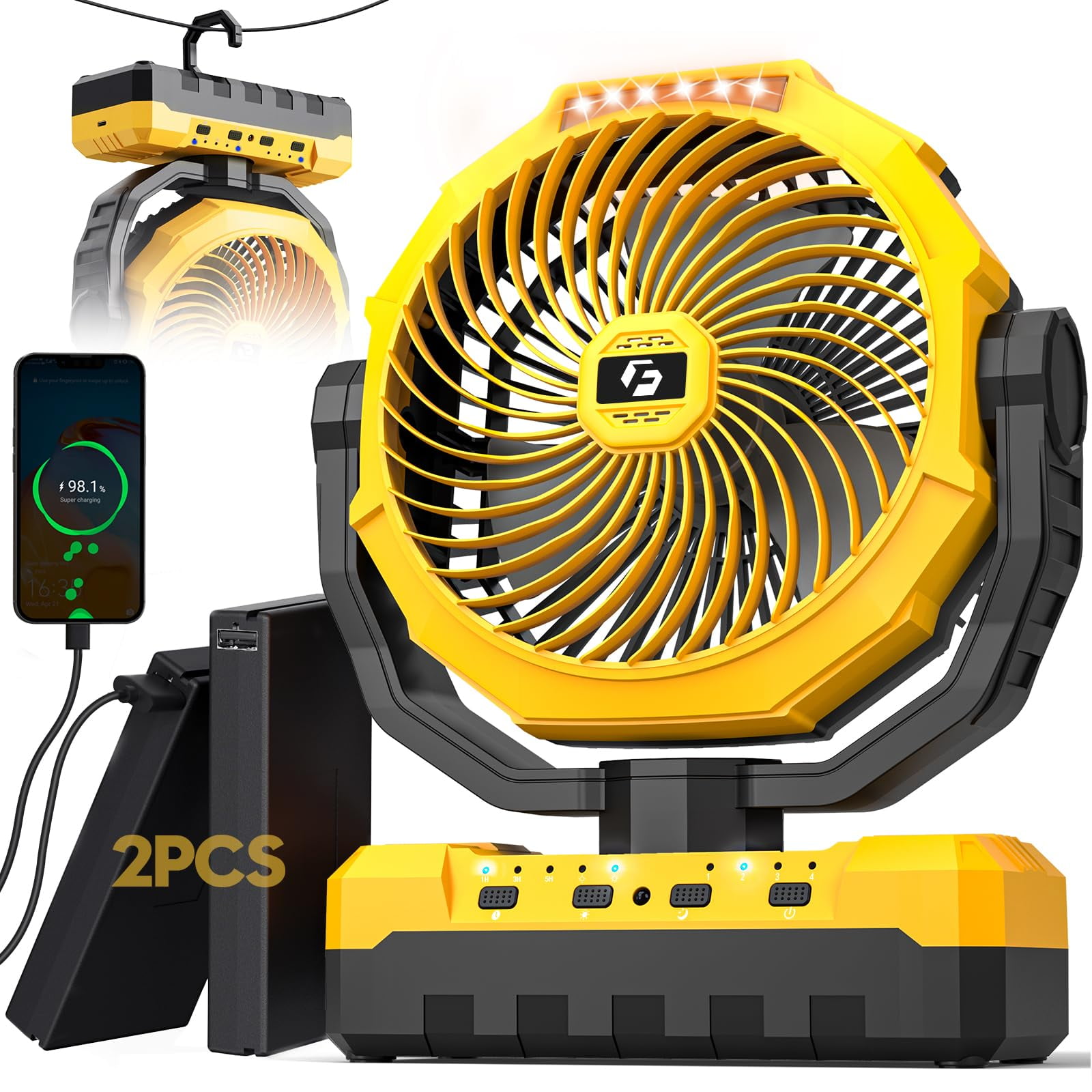 Ventilador De Camping Korbot De 24000 Mah Con 2 Baterías De 12000 Mah Y Led