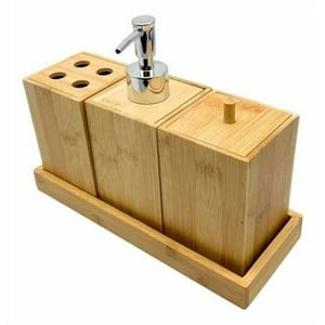 Oem - Set Juego De Baño 3 Pieza Madera Jabon Dispensador Cepillo