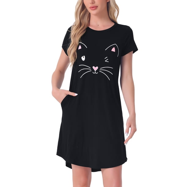 INSPIRE CHIC Vestido de Dormir de Regreso a Clases para Mujeres con Estampado de Gatos, Manga Corta, Bata de Rayón con Bolsillos, Largo a la Rodilla, Ropa de Casa M Negro