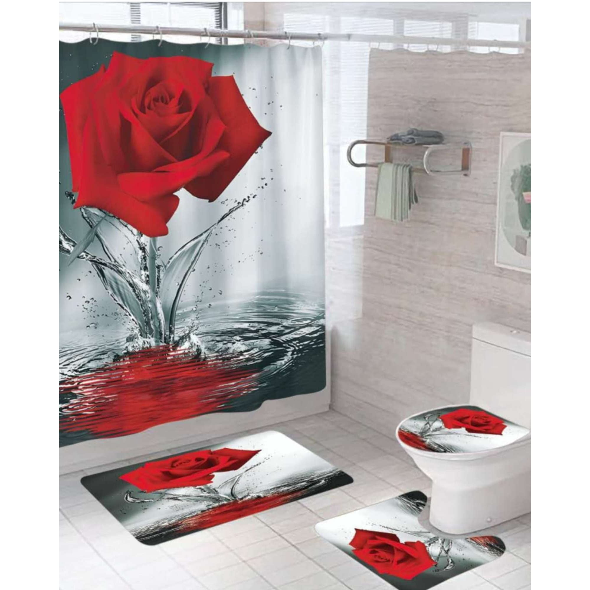 Mylhogar - Juego 5 Piezas Con Cortina De Baño De Tela Poliéster Y Forro De Ducha De Plástico