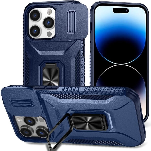 Funda Armada para iPhone 14 Pro Max con Tapa Deslizante y Soporte Magnético Giratorio Azul
