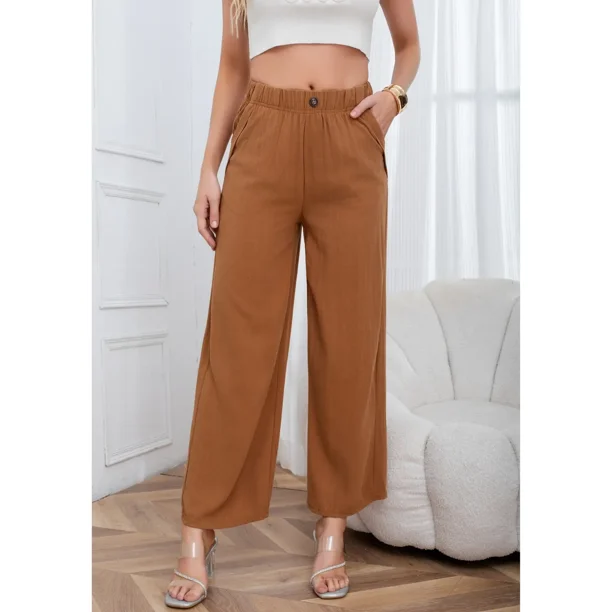 Pantalon Palazzo Tipo Lino Semi Formal Casual Boton Tiro Alto 3013