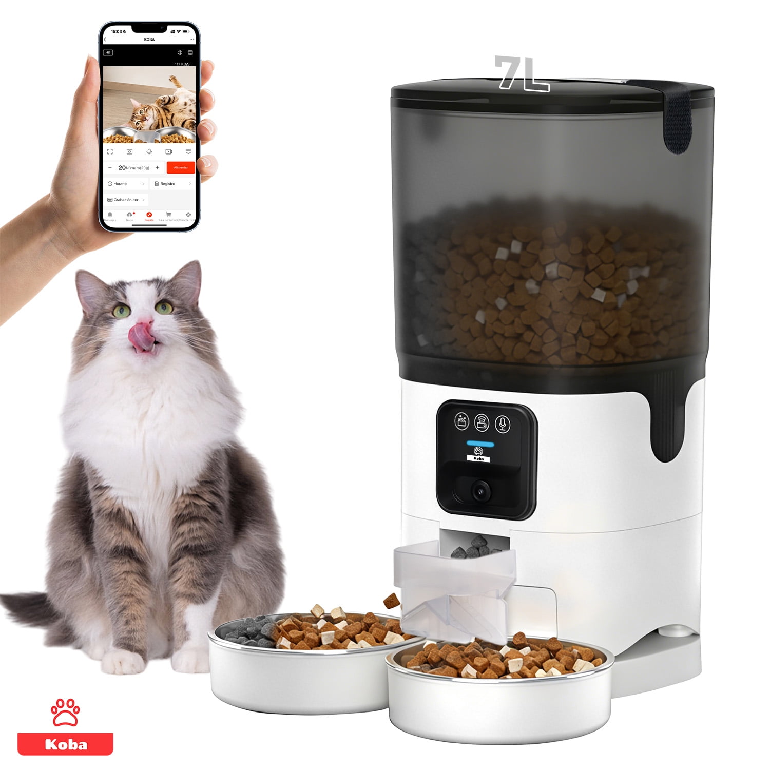 Koba - Dispensador Alimento Automático Para Mascota Perros Gatos Con Cámara 1080p Wifi Control 7 Litros Color Blanco