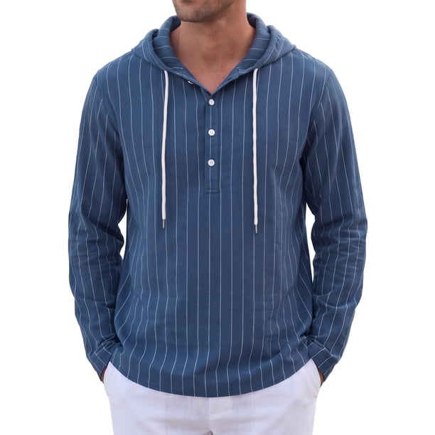 INSPIRE CHIC Camisa de Hombre con Capucha de Lino de Manga Larga con Botones y Rayas Henley con Capucha L Azul Marino