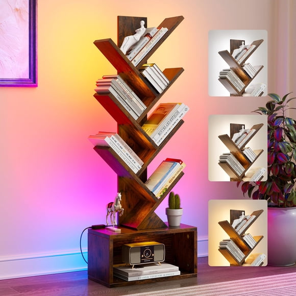 Estantería Evermagin de 6 niveles en forma de árbol con luces, color marrón rústico