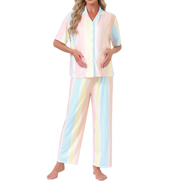 INSPIRE CHIC Conjunto de Pijamas de Maternidad para Mujeres con Mangas Cortas para Lactancia, Ropa de Dormir para Postparto, Conjunto de Pantalones Cortos y Largos S Rosa Claro