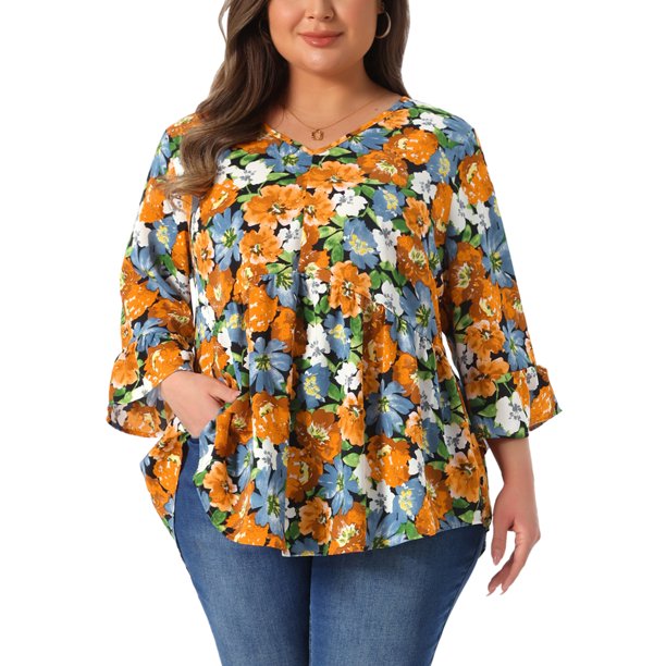 Agnes Orinda Blusas Peplum Babydoll con Volantes de Manga 3/4 y Cuello en V Floral para Mujer Talla Grande 2X Negro Naranja
