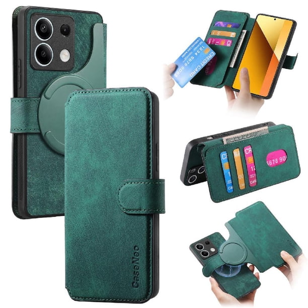 Funda Billetera Magnética para Xiaomi Redmi Note 13 5G Soporte Tarjetas Desmontable Verde
