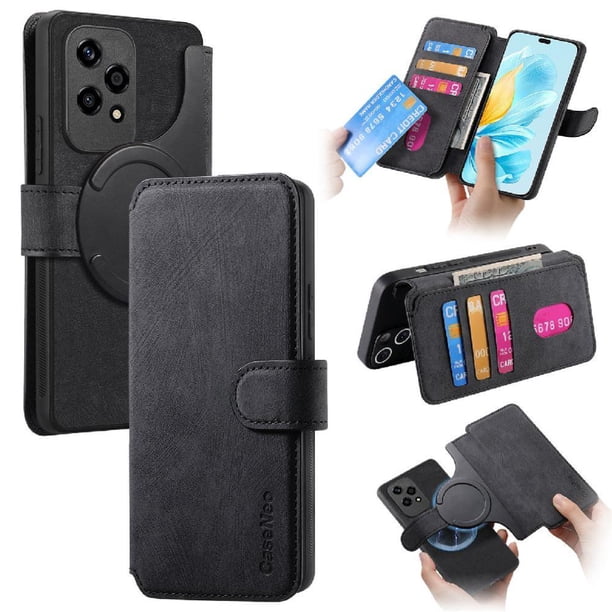 Funda Billetera Magnética para Honor 200 Lite Soporte Tarjetas Desmontable Negro