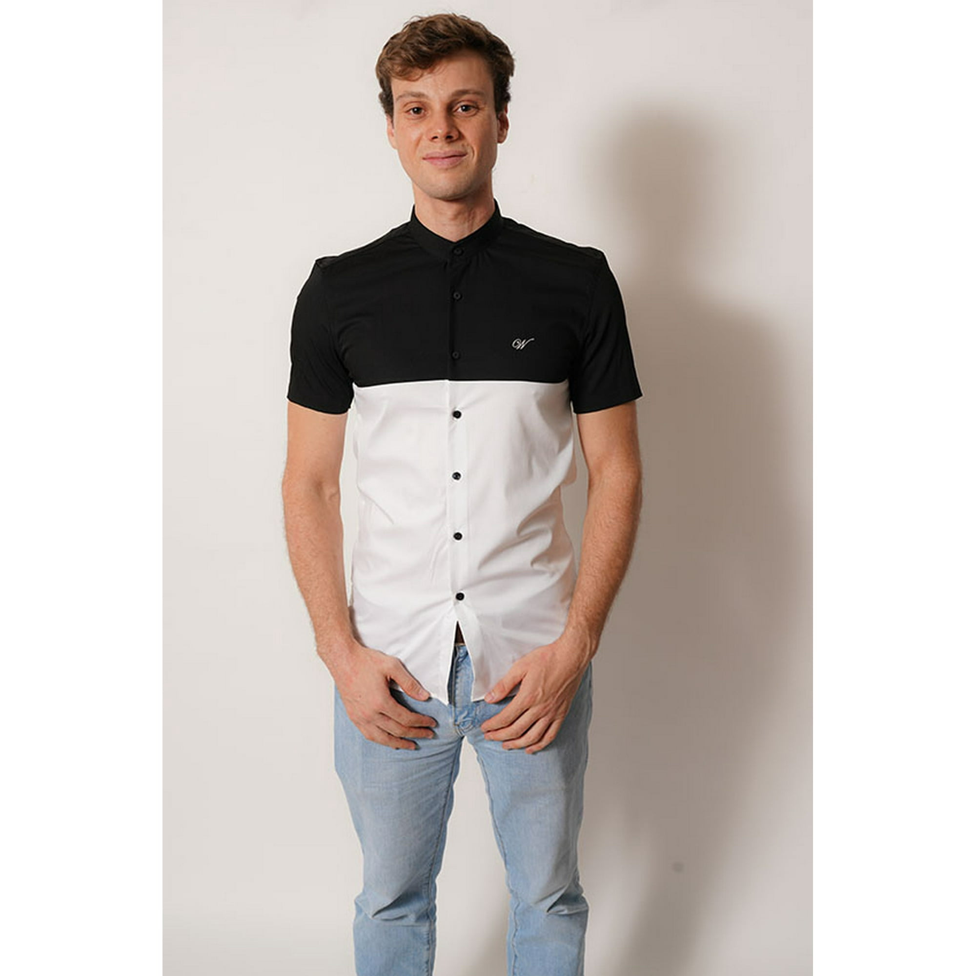 White Clothing - Camisa Cuello Mao Color Blanco Y Negro Manga Corta Fit