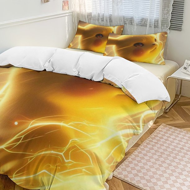 Pikachu Bed Duvet Cover Funny Anime Cartoon Bedding Sets Lightweight 3 Piece Comforter Sets