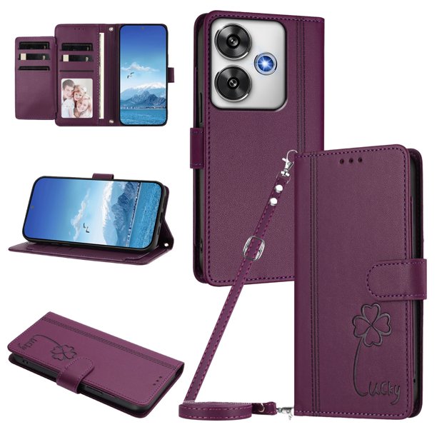 Funda Cartera Trébol para Xiaomi Poco F6 con Ranuras Tarjetas y Carga Inalámbrica Violeta