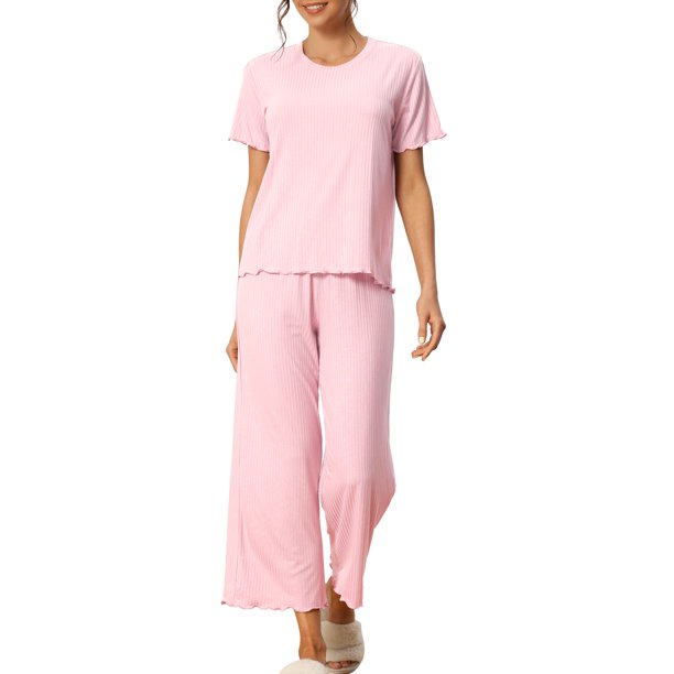 INSPIRE CHIC Conjunto de Pijama de Mujer Acanalado de Manga Corta Modal con Puños Volantes y Pantalones de Descanso Suaves M Rosa Claro