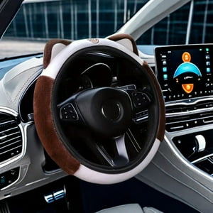 Veat00L - Funda Para Volante De Coche, Mullida Y Suave Felpa Para Invierno Cálido, Bonito Protector De Volante Con Orejas De Gato Gatito, Universal De 15 Pulgadas, Elástico Y Antideslizante