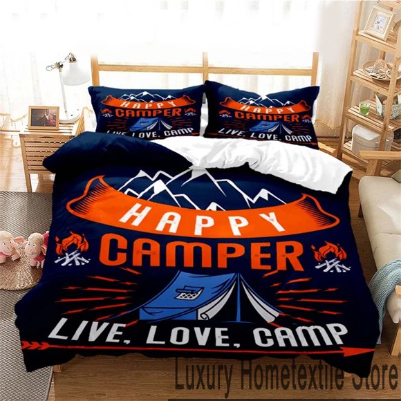 Cartoon Happy Camper Bedding Set,Duvet Cover Bed Set Quilt Cover Pillowcase, Boys Girls Adults Bed Sheets