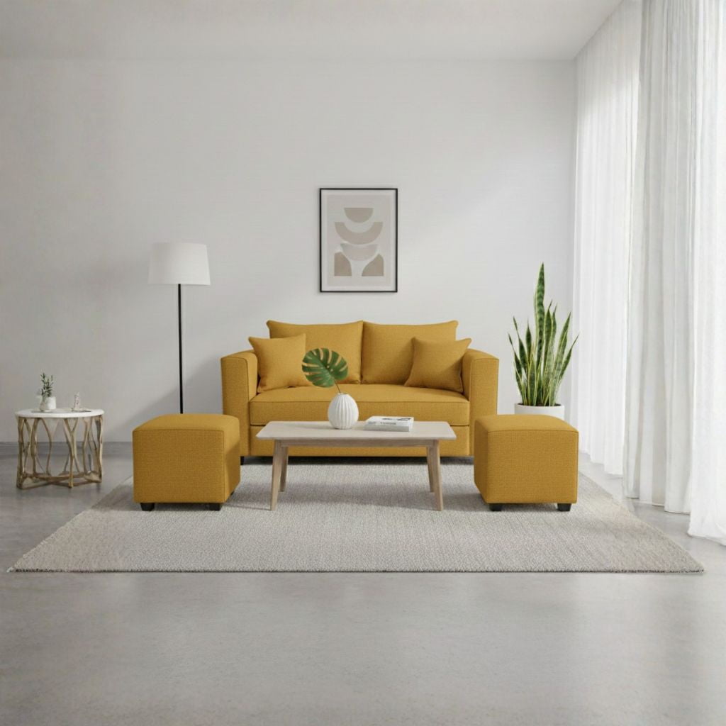 Construcsofá - Living Aurelia 2 Cuerpos + 2 Pouf Tela Mostaza