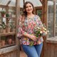 thumbnail image 2 of Agnes Orinda Blusas Peplum con Volantes de Manga 3/4 con Cuello en V Floral para Mujer de Talla Grande 1X Naranja Negro, 2 of 8
