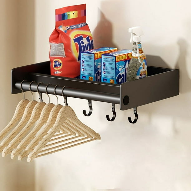 1pc Wall Mounted Bathroom Storage Rack, Balcony Laundry Room Hanging Shelf, Bathroom Tray With Hooks, Space-saving Storage Shelf Over Washing Machine, Laundry Detergent Holder Organizer, Bathroom Acce