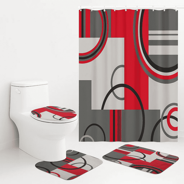 Set Juego De Baño Con Cortina Cubre Inodoro 4 Piezas