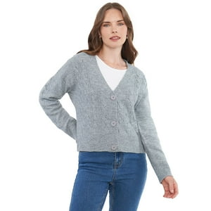Sweater Mujer Cárdigan Trenzas Gris Corona