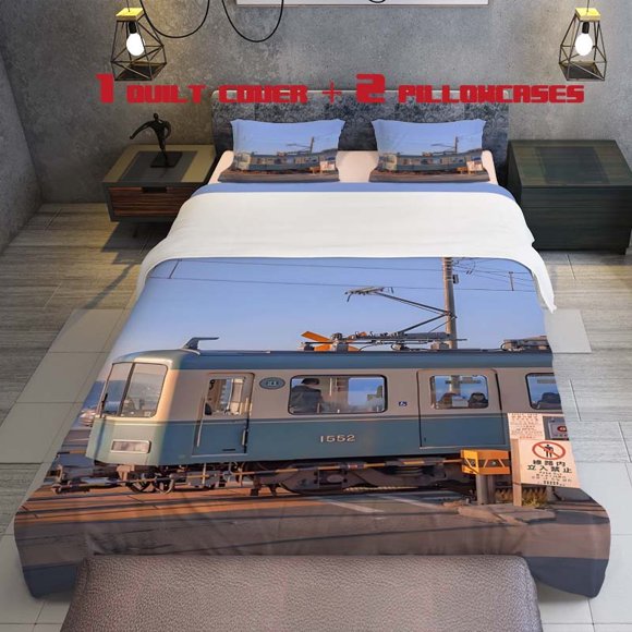 3pcs Vintage Tram Print Bedding Set Light Blue and White Retro Electric Locomotive Design Includes 1 Duvet Cover + 2 Pillowcases