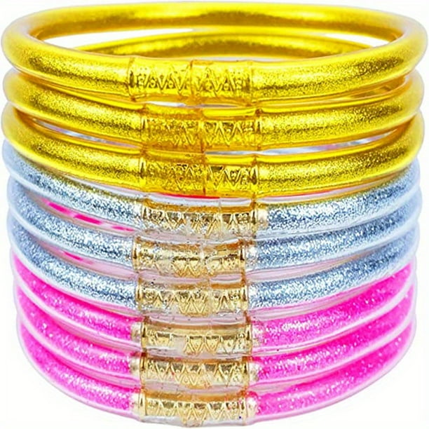 9pcs/set Sparkling Glitter Jelly Bracelets for Women and Girls - Resin Prayer Bangle Set with Glamorous Design