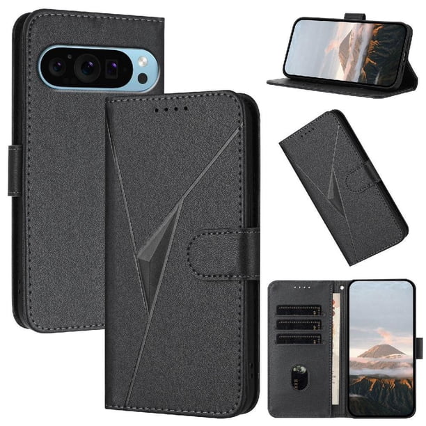 Funda Cartera Fibra de Carbono para Google Pixel 9 Pro XL con Soporte y Cierre Magnético Negro