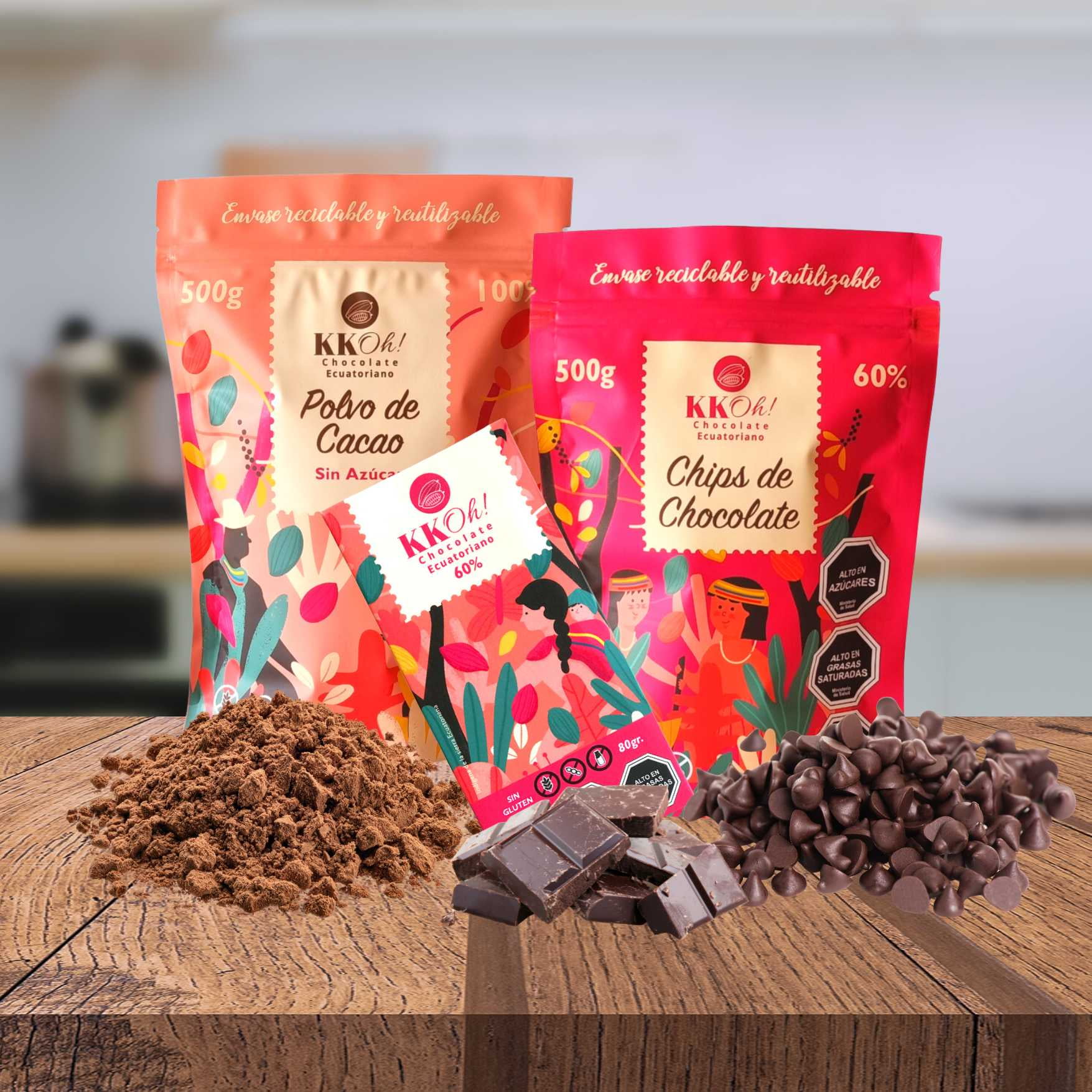 Kkoh Chocolates - Pack Chocolate 60% + Cacao En Polvo Amargo, Sin Leche, Sin Gluten, Sin Soya
