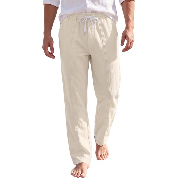 INSPIRE CHIC Pantalones de Lino Transpirables con Cordón y Ajuste Relajado de Textura a Rayas para Hombre XL Caqui