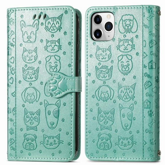 Funda Cartera FOXDOCK para iPhone 11 ProMax , Flip PU con Relieve de Gatos y Perros, Tarjetero y Soporte