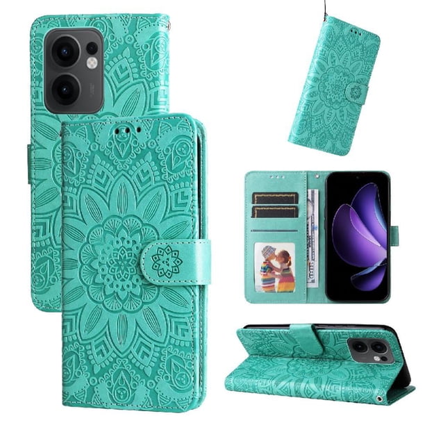 Funda tipo cartera FOXDOCK para OPPO Reno 13F , diseño girasol en relieve, cuero PU, cierre magnético, soporte y tarjetero