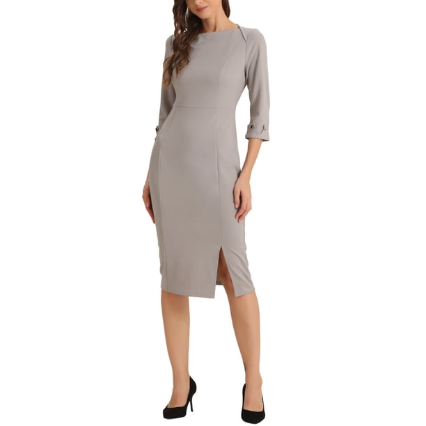 INSPIRE CHIC Vestido de Tubo para Mujer Cuello Barco Mangas 3/4 Dobladillo con Abertura Vestidos Midi para el Trabajo Gris M