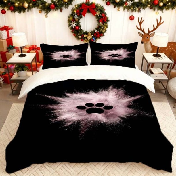 Black Paw Print Powder Explosion Bedding Includes a Soft Duvet Cover And Two Pillowcases Skin-Friendly And Breathable Suitable for Family Bedrooms/Guest Rooms U